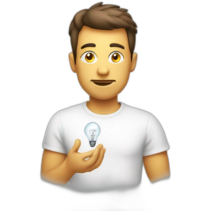 man white tshirt thinking with light bulb emoji