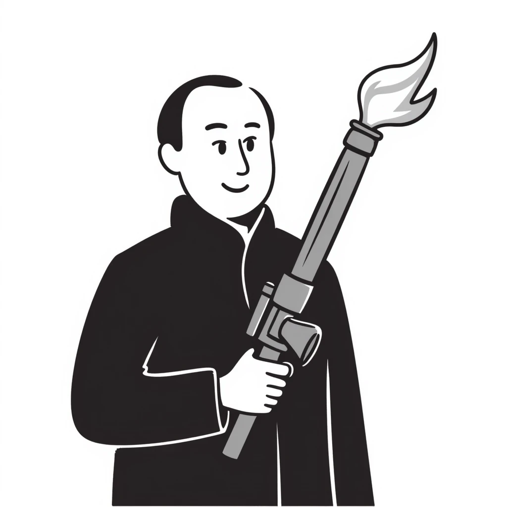 Vladimir Putin smiles and holds a flamethrower emoji