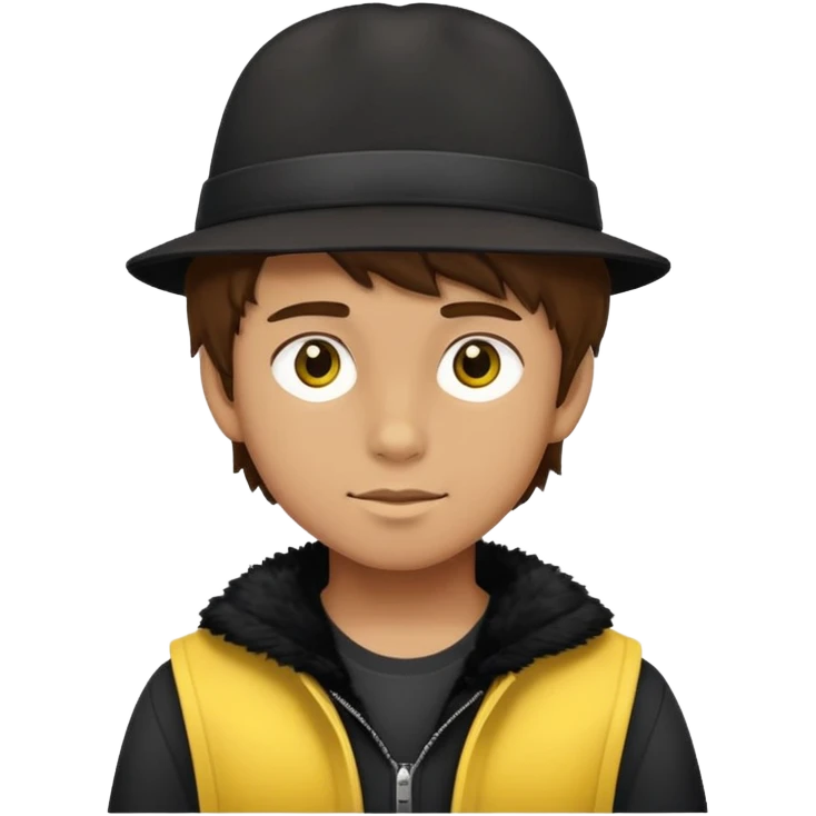 boy with fluffy brown hair wearing a black hat with yellow accents emoji