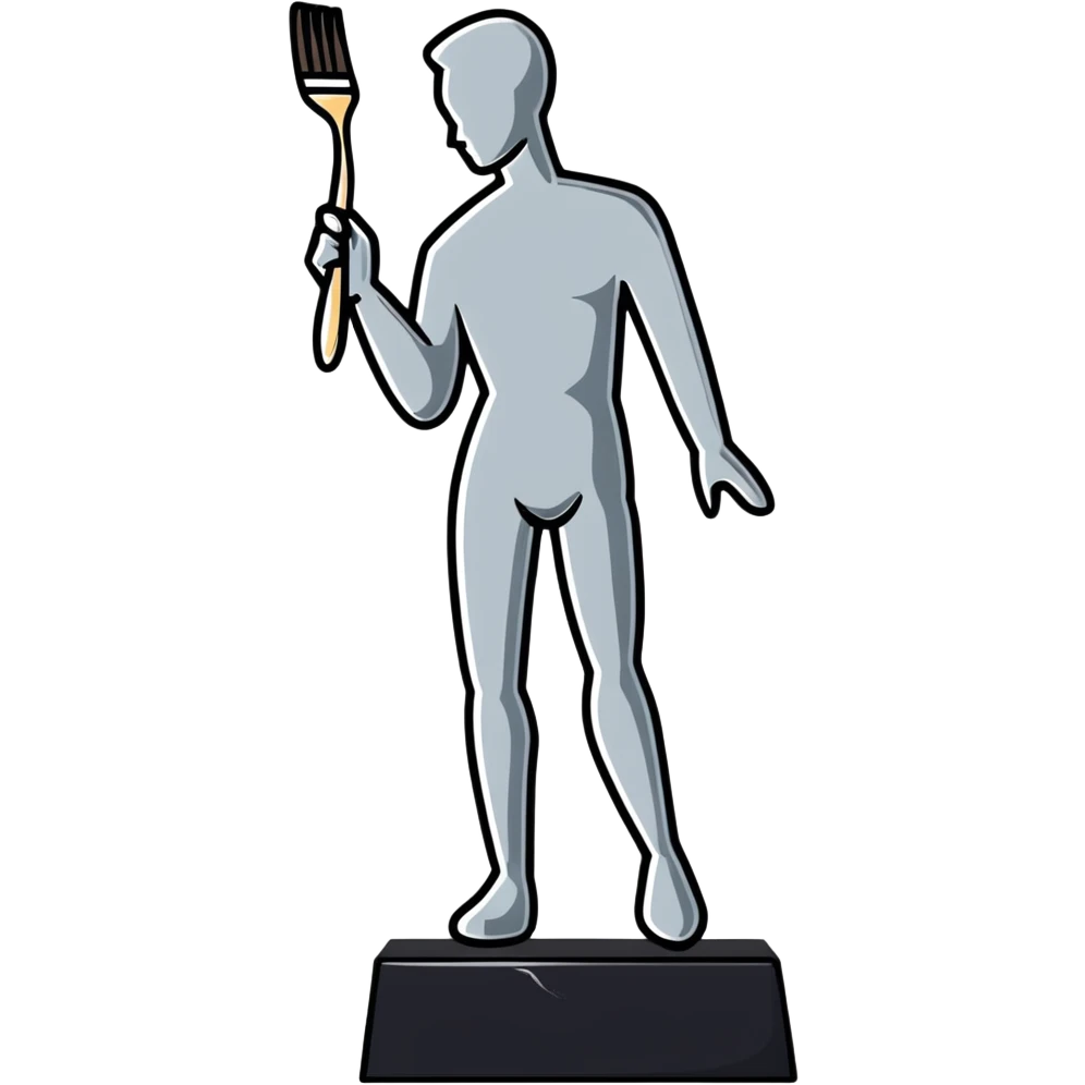 A paintbrush transforming into a silver human silhouette sculpture, symbol of artistic identity, with a gleaming silver metallic finish emoji