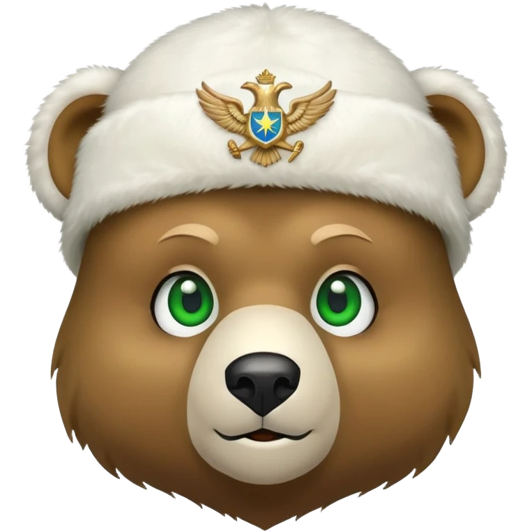 Simple cartoon bear face with green eyes and small smile, white furry ushanka hat with minimal Russian Federation eagle emblem, iOS emoji style emoji