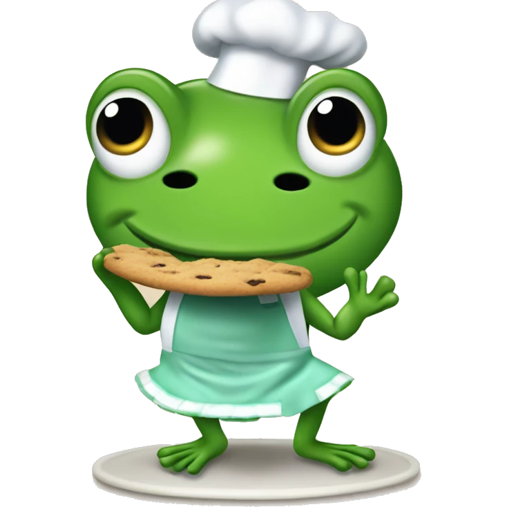 Frog baking cookies wearing a 1950s apron and fuzzy heels bent over emoji