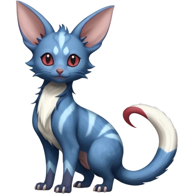Dark Brown-Oily deep-blue-glittery Minccino-Lykoi-Emolga-Sphynx-Linoone-Zangoose-fusion-hybrid-animal-Fakémon-creature, full body, thin long sleek scaly tail, with intricate markings emoji