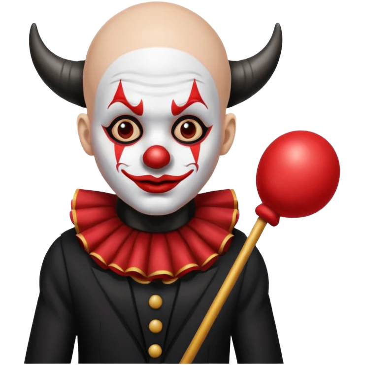 Crea un payaso con toda la cara blanca sin pelo con cuernos de color negro, que su cuerpo tenga un traje de payaso negro con rojo emoji