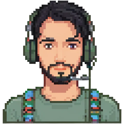 laughing man with black hair, brown eyes, black beard wearing gaming headset emoji
