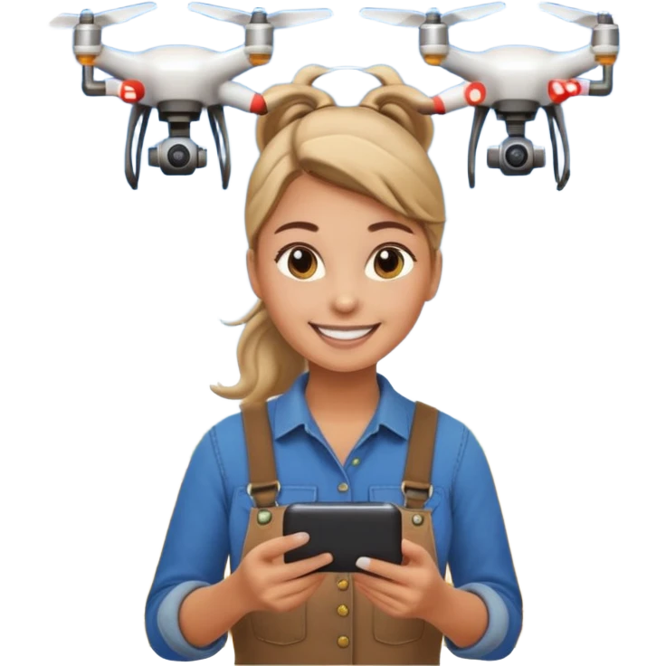 female farmer with a ponytail using a smartphone with a drone in the sky, emoji style emoji