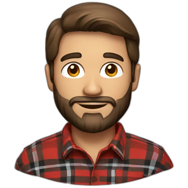 Man with a beard and brown hair wearing a red and black plaid flannel shirt and a Santa hat emoji