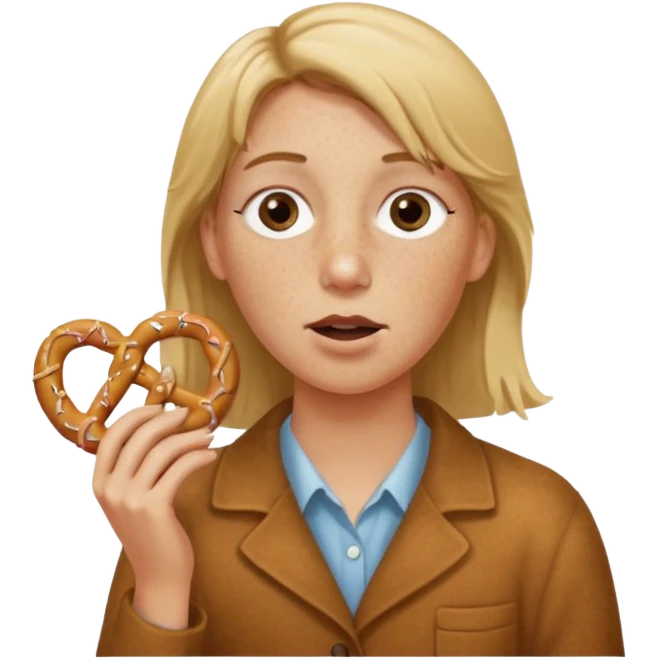 Short, center part, Dirty blond hair, fair skin with freckles,  holding pretzels and closing one eye emoji