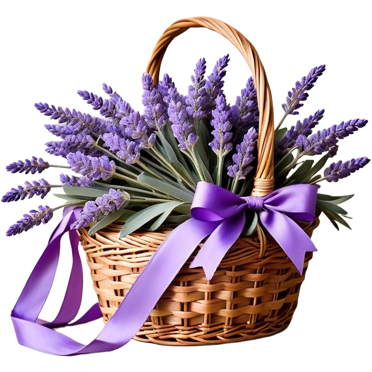 A carefully arranged lavender bouquet, interwoven with hints of muted wisteria and smoky violet, rests inside a vintage wicker basket, its stems spilling over in a cascade of soft, fragrant beauty. A loosely draped silk ribbon in shades of lavender and aubergine weaves through the handle, catching the light as it gently sways in the breeze.
 emoji
