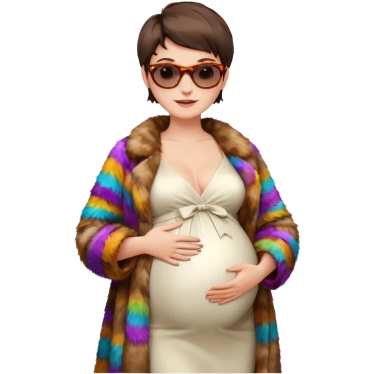 pregnant stylish woman with short pixie brunette hair happily touching her big belly while wearing white dress and fancy brown fur coat and colorful shades emoji