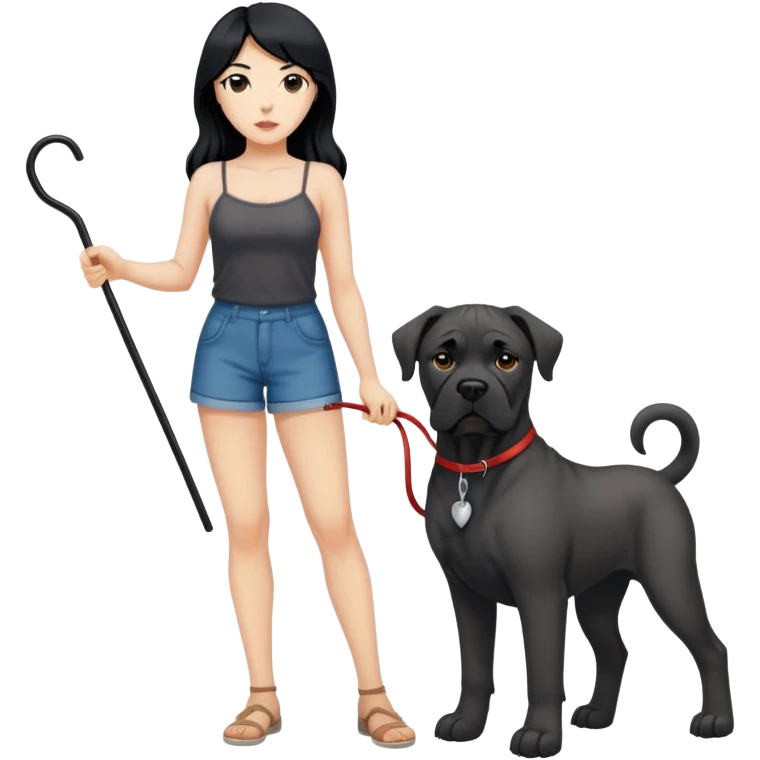 Woman with long black hair wearing spaghetti strap top holding a black Cane Corso dog with cropped ears and short tail emoji