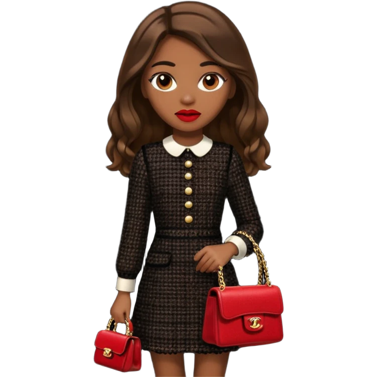 girl with brown long hair dressed up in black chanel tweed dress carrying a red chanel bag and wearing red lipstick. Close up shot with wind blowing her hair looking fancy emoji