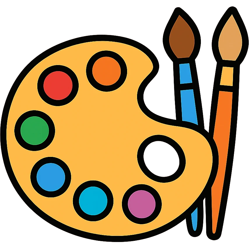 Detailed artist's palette with colorful paint blobs, palette holes, and paintbrushes nearby. Colorful outlined icon style. emoji
