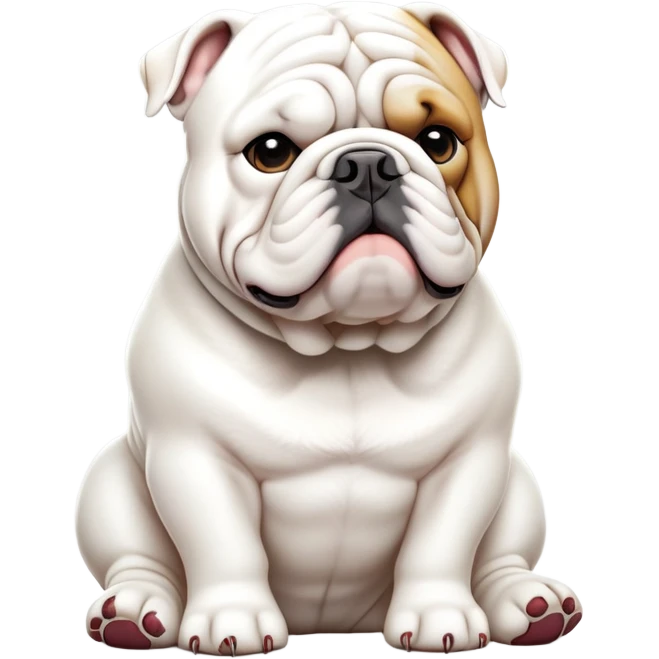 cinematic-[solid white english bulldog]-realistic-full-body-sitting-emoji,-tail-resting-loosely-beside-its-paws,-head-tilted-dramatically,-sleek-[solid white]-fur,-simplified-yet-realistic-focused-features,-highly-detailed,-glowing-with-an-almost-sarcastic-glow emoji