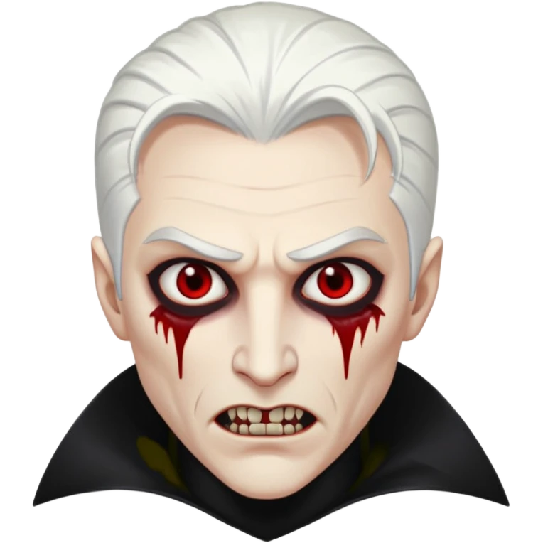 Creat a young man Vampire with white skin and white hair "make him have slide back hair" and full black vampire clothes and bloody eyes and long fangs and scary dead eyes emoji
