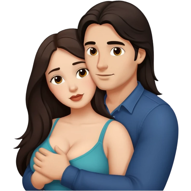 Man with dark long hair hugging a brunette curvy woman emoji