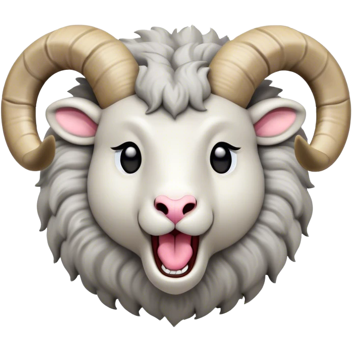 Cinematic Cute Yawning Ram Portrait Emoji, Head tilted slightly with a dramatic, wide-open yawn, showcasing a soft, woolly grey fur with gently drooping horns and ears, round dark eyes barely open in drowsy contentment, Simplified yet irresistibly adorable features, highly detailed, glowing with a soft, cozy glow, high shine, relaxed yet expressive, stylized with a touch of rugged whimsy, bright and endearing, soft glowing outline, capturing the essence of a sleepy yet affectionate ram, so drowsy it feels like it could stretch out of the screen and curl up for a nap! emoji