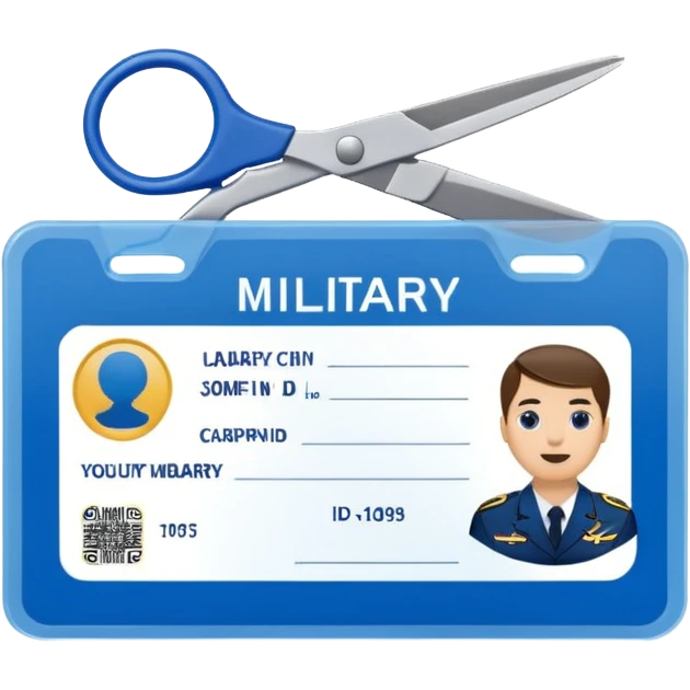 Scissors cutting military ID card in the middle front view emoji