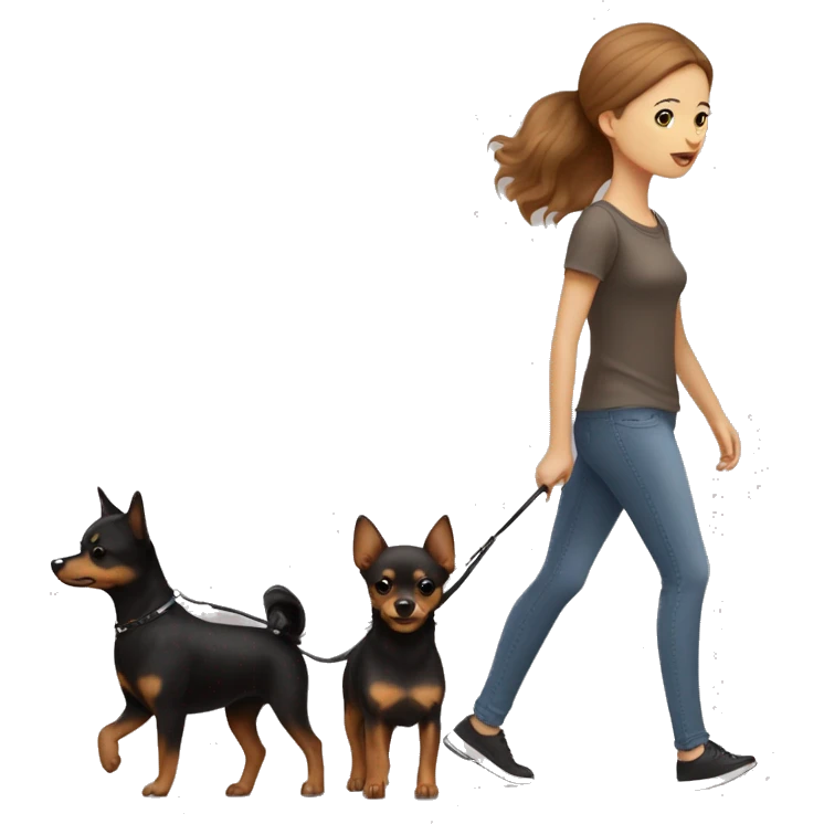 A light brown haired girl, walking one mini black and tan miniature Pinscher and one very big fluffy light brown Spitz on the lead emoji