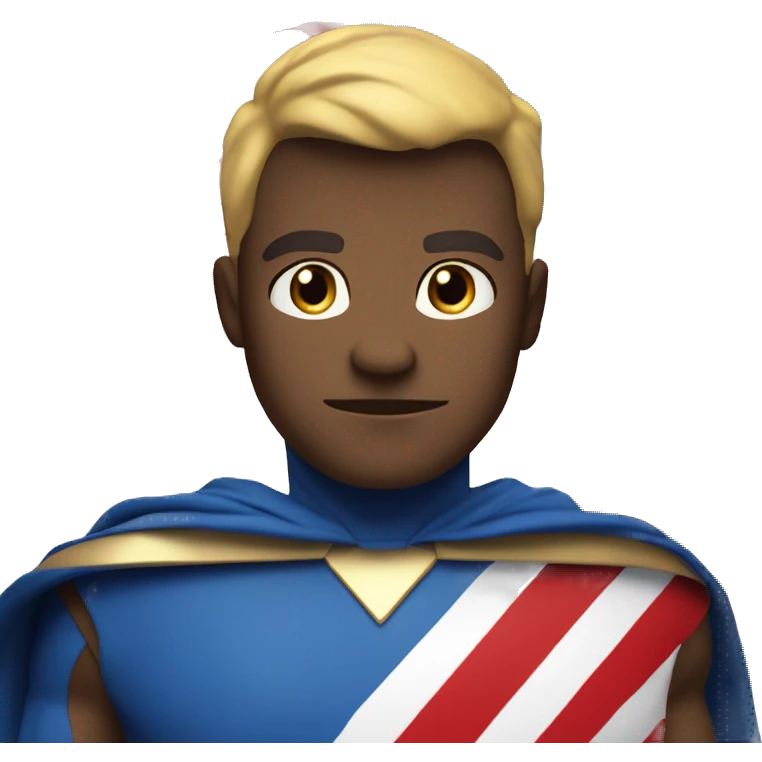 Emoji of Homelander from ‘The Boys’ series. USA flag-inspired costume with cape (red, blue, white). Confident, slightly menacing expression. emoji