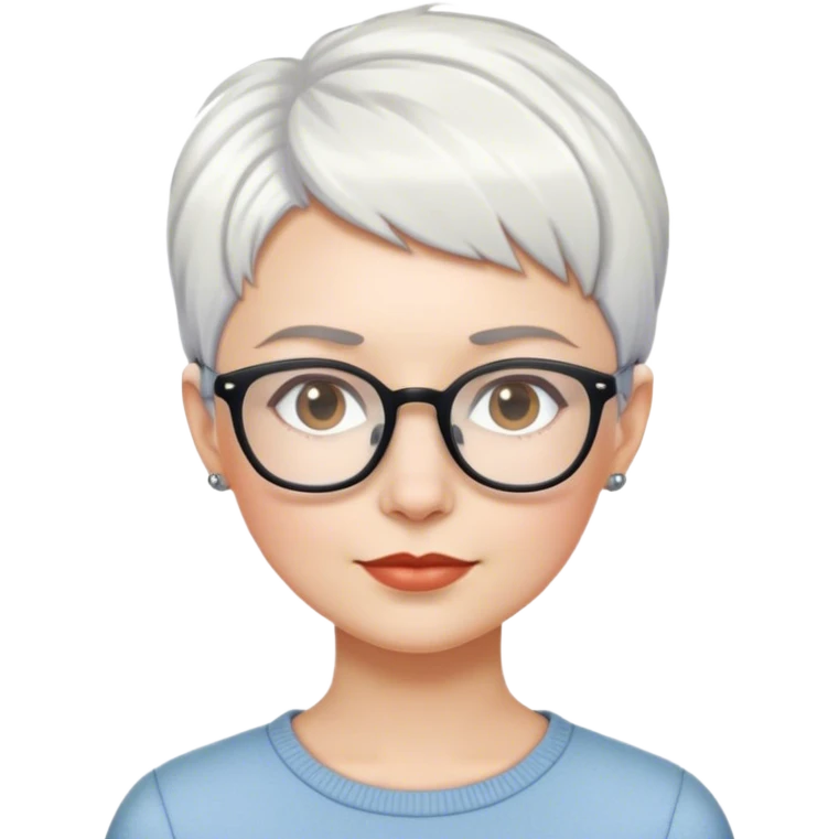 White woman with short pixie white hair, glasses emoji