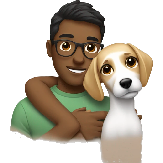 Blonde girl and her white boyfriend with brown hair and glasses cuddling a jack Russell  emoji