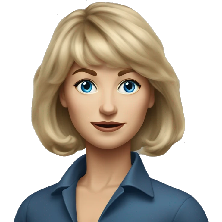 Medium length Dirty blonde voluminous hair with bangs all across forehead and sides swept away from face woman of 60 with blue eyes  emoji