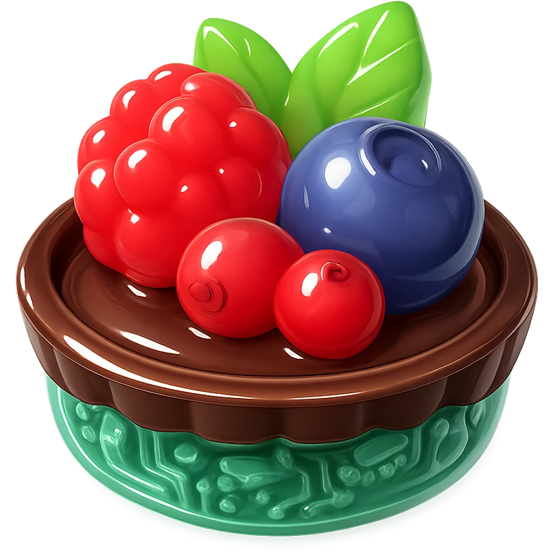 3D glossy fruit tart with chocolate crust, filled with chocolate ganache, topped with mixed berries and mint leaves, shiny highlights emoji