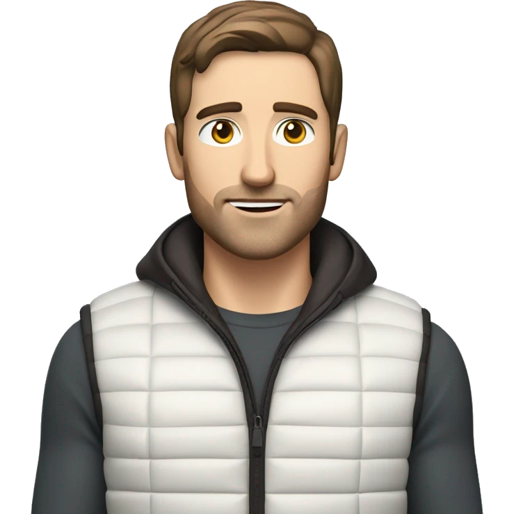 a white man with chocolate brown hair and stubble in a sport gilet  emoji
