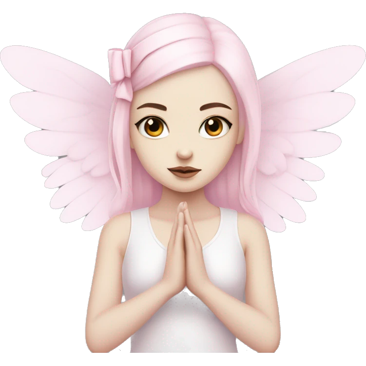 cute white goth girl meditating wearing pale pink, pale pink bow, pale pink wings emoji