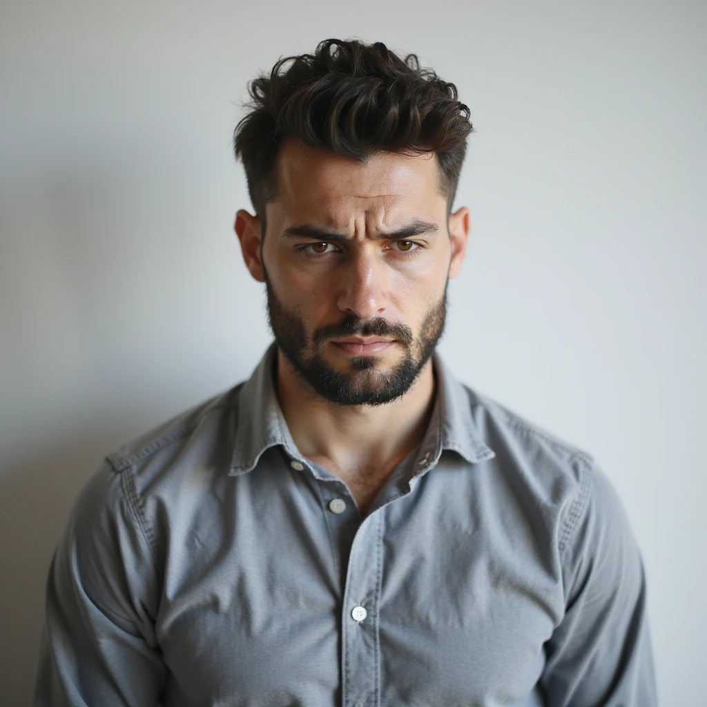 realistic 30-year-old man suffering from anxiety, vacant stare, closed posture, light background emoji