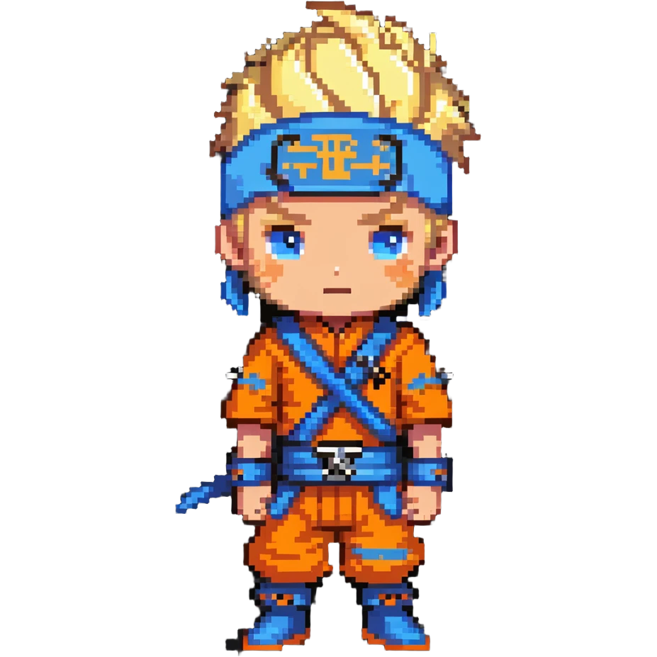 A blonde ninja boy with spiky hair, whisker marks on cheeks, orange outfit, and blue headband with metal plate emoji