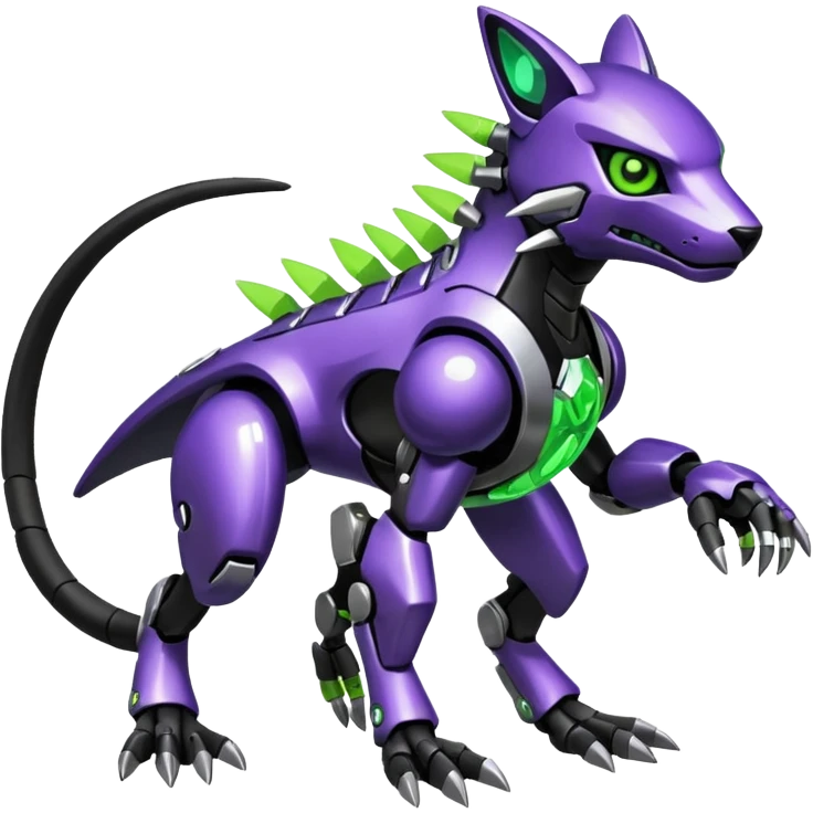 Futuristic modern cyborg badass cool shiny metallic alloy black-obsidian purple neon-green white lime animal hybrid Fakemon full body emoji
