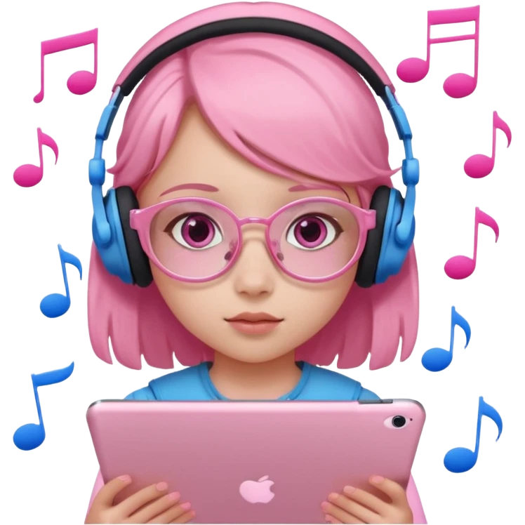 Little girl with headphones when pink eyes and pink iPad and pink dreamy background and rose colored glasses and blue music notes around her emoji