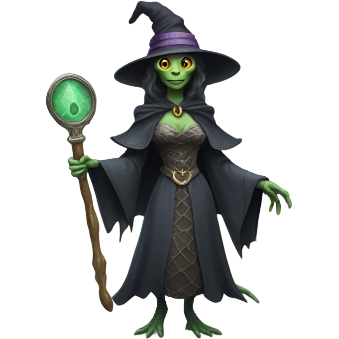 a Reptilian alien woman, as witch, holding a big key, full body emoji