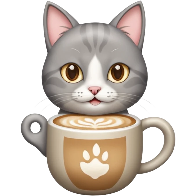 Happy gray Cat holding in its front two paws an hot latte emoji