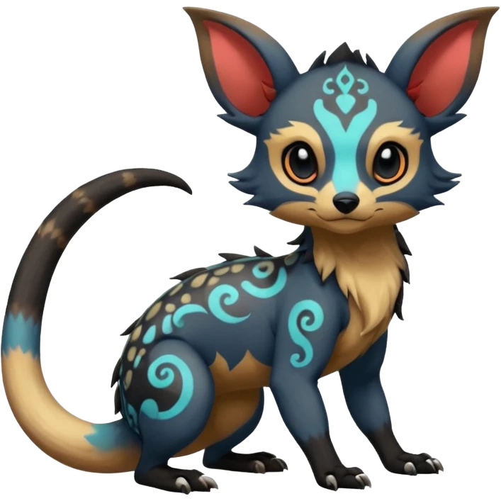 Rare warm-colored exotic cute epic aesthetic gothic colorful Salandit-Eevee-Civet-species-Fakemon-hybrid-creature, with intricate tattoo markings, full body emoji
