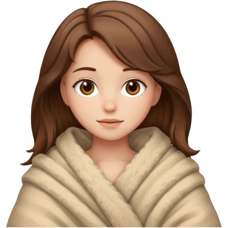 brown haired girl wrapped up in fluffy beige blanket emoji