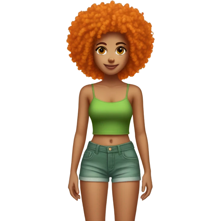 Girl with tan light skin green tube top and denim shorts on and a very orange curly Afro emoji