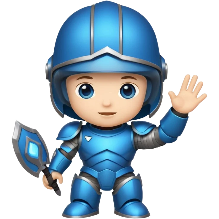 "Cute chibi-style armored hero sticker, oversized helmet, small body, glowing blue eyes, friendly waving pose, bold outlines, saturated colors, isolated on a plain white background, 2D cartoon style." emoji