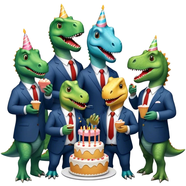office dinosaurs in suits eating birthday cake emoji