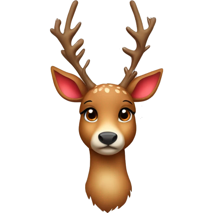 Create a cute deer emoji with soft brown fur, big kind eyes and horns. A red Christmas hat or a wreath of fir branches can be on the head to create a festive image emoji