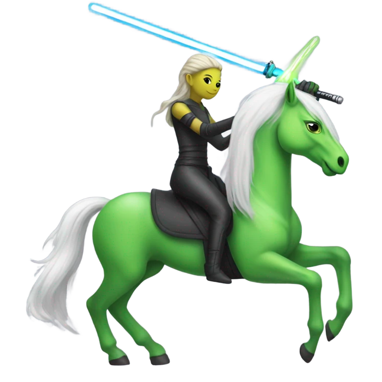 a unicorn with a green alien woman on it holding a lightsaber emoji
