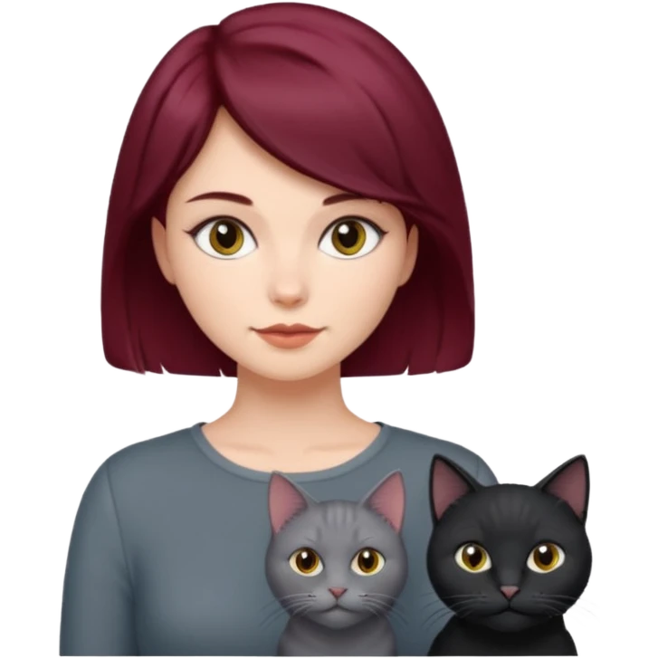 femme au cheveux court bordeau avec chat poils longs gris et chat poils ras noirs emoji