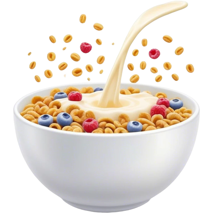 Cinematic crunchy cereal, vibrant and colorful, splashing into a bowl of cold milk, soft glowing background, dynamic movement, playful and inviting, nostalgic and fun. emoji