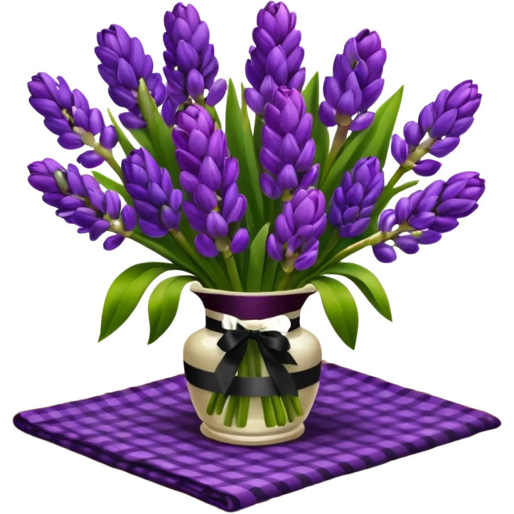 A lush bouquet of bright prple color Hyacinths black satin ribbon, resting on an antique wooden table, with a pale yellow and pink plaid pattern table cloth emoji