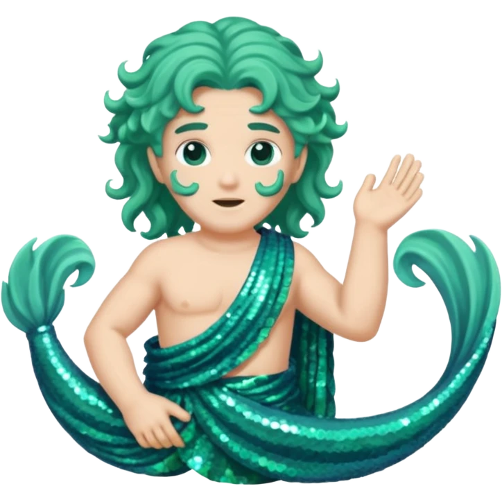 Neptune from Roman Deities with long sea green wavy hair, sea green sequin toga emoji