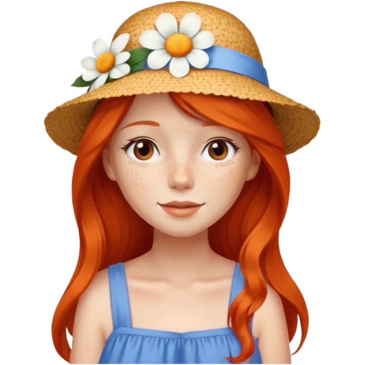 girl, freckles, wearing_summer_hat, white flower on hat, red orrange long hair, blue dress emoji