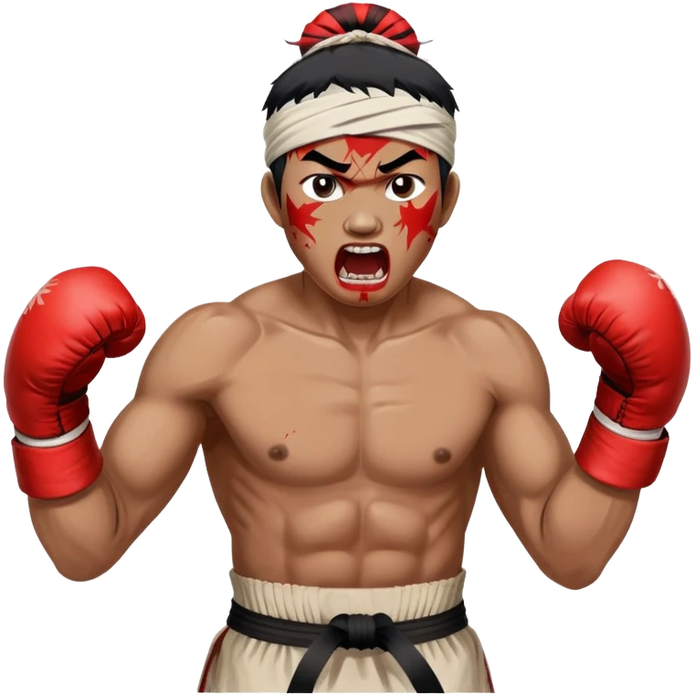 A traditional Lethwei fighter with wrapped bare fists and a traditional Burmese headband (gaung baung), shouting with fierce intensity, blood mark on glove, gritty and raw appearance, Burmese boxing emoji