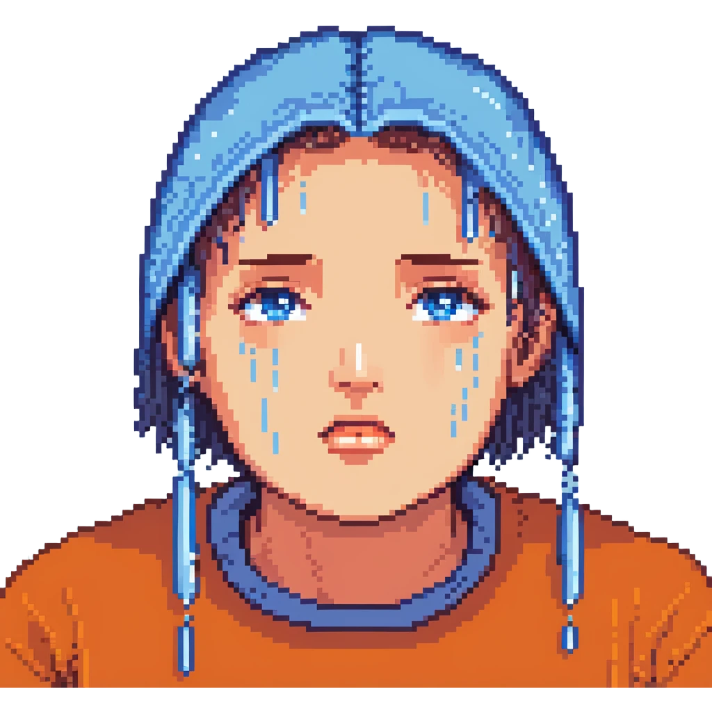 Pixelated face with blue sweat droplets, nervous expression emoji